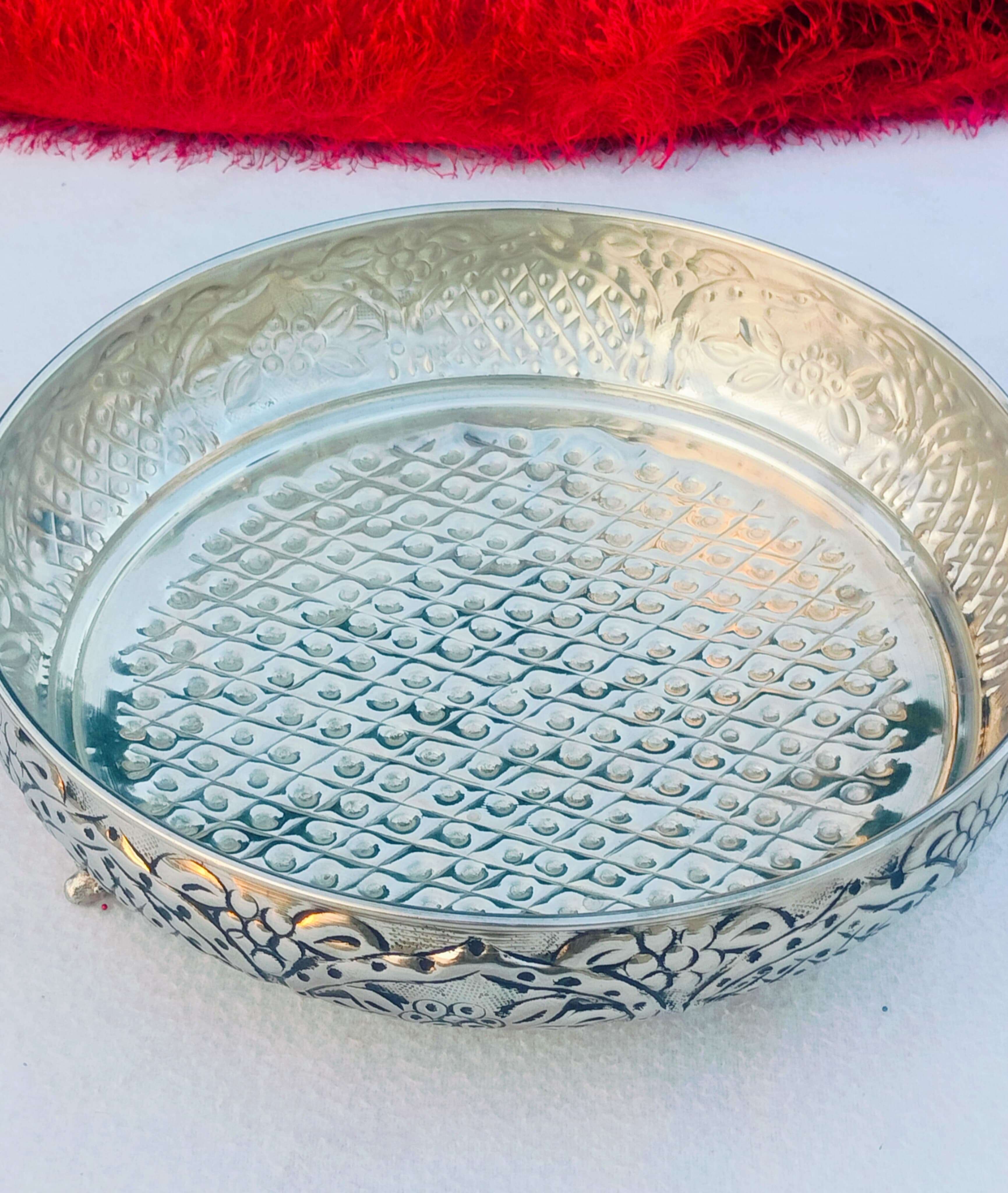 Antique German silver flower carving urli bowl/ tray for serving/ home décor